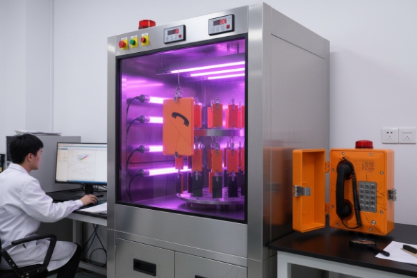 UV aging chamber testing multiple SIP phone enclosures with technician monitoring
