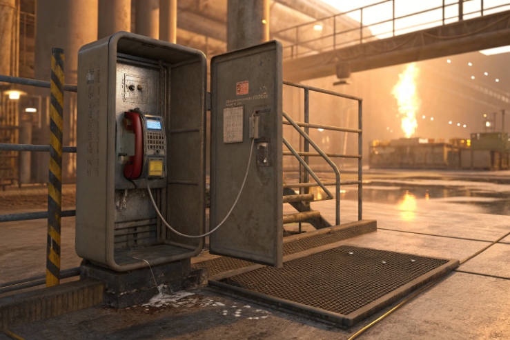 Explosion-proof industrial phone cabinet with red handset in refinery walkway near flare stack
