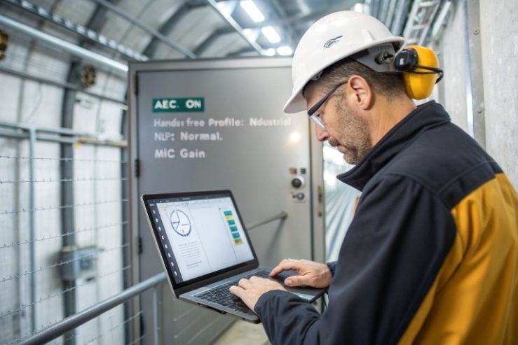 Engineer configuring AEC and microphone gain on laptop for industrial VoIP phone audio tuning