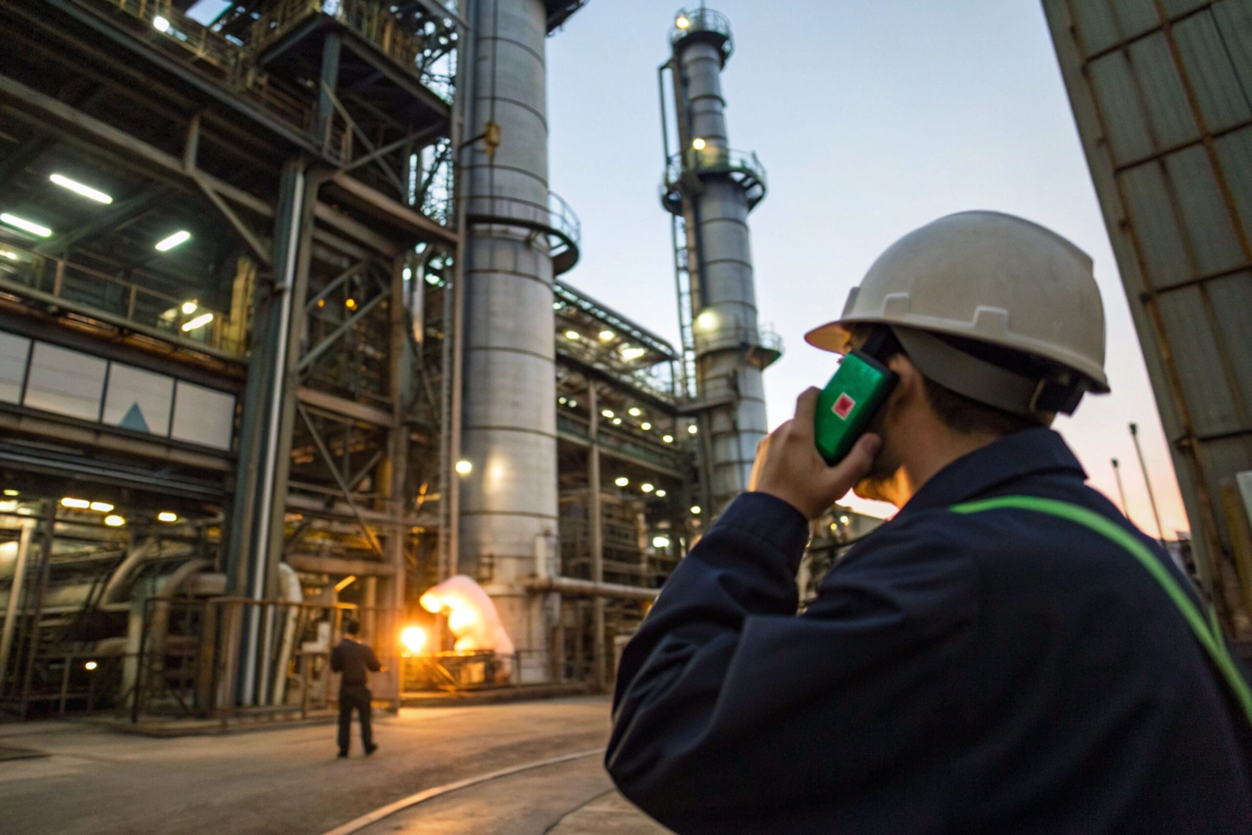 Refinery worker reports incident via industrial handset phone in petrochemical plant at dusk