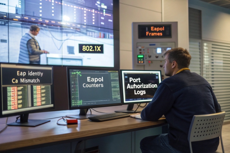 Control-room/NOC view of an operator monitoring 802.1X: EAPOL frames, EAP identity/CA mismatch alerts, counters, and port authorization logs