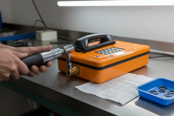 Technician tightening brass cable gland on rugged SIP emergency phone during assembly test