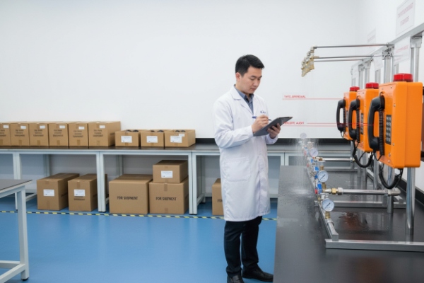 Engineer inspecting multiple orange waterproof SIP intercoms on production test bench