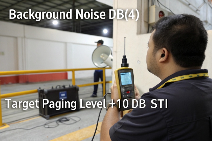 Technician measuring background noise with sound level meter during paging intelligibility test
