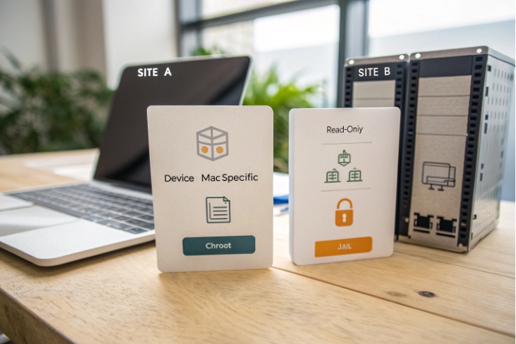 Chroot and jail isolation cards beside servers illustrating device MAC-specific read-only security