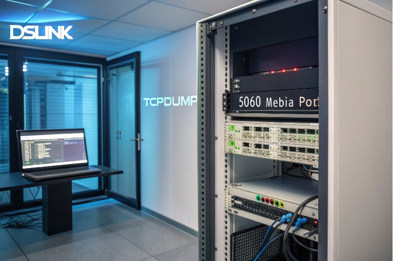 Lab environment with a server rack and a laptop running tcpdump captures, focusing on SIP signaling on UDP port 5060 for DJSlink VoIP troubleshooting