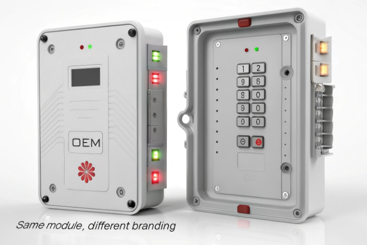 OEM IP intercom module with keypad and status LEDs shown with different branding