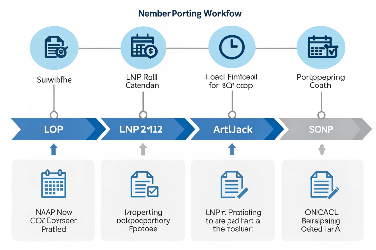 Number porting workflow diagram showing sequential LNP process steps and documentation icons