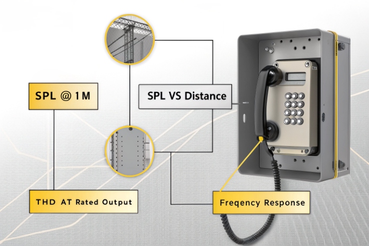 Acoustic performance diagram showing SPL at 1m, distance loss, THD, and frequency response