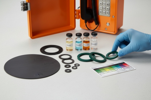 Gloved hand arranging O-rings and fluid samples for chemical resistance seal testing