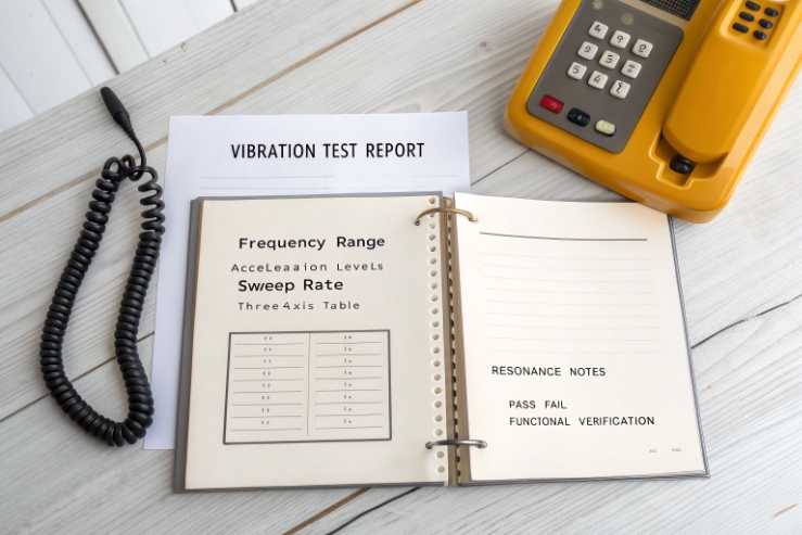 Vibration test report booklet beside yellow industrial phone and coiled handset cord on desk