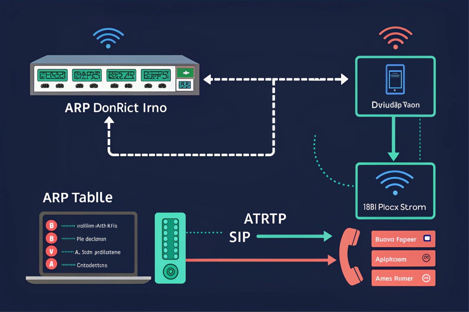 ARP table and SIP RTP call flow illustration for troubleshooting VoIP network devices