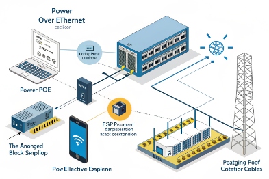Power over Ethernet network diagram for SIP devices, switches, and remote site connectivity