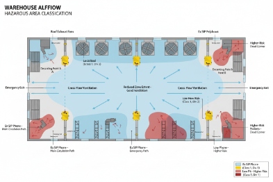 Warehouse airflow hazard classification plan with Ex SIP phone locations and risk zones marked