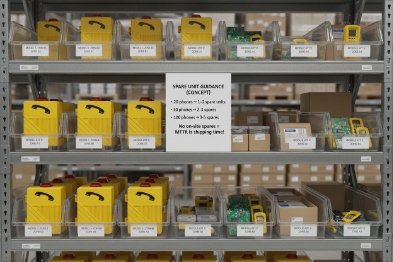Spare parts inventory shelves with industrial phone components for fast maintenance