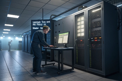 Technician commissioning VoIP system with laptop beside server racks in data center hallway