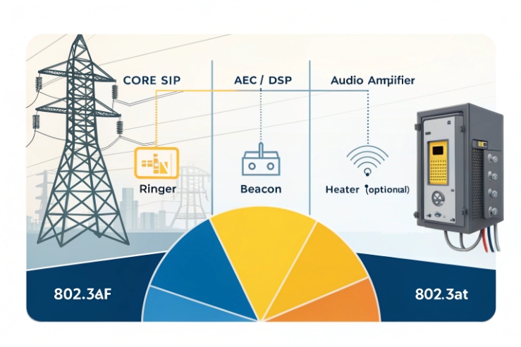 PoE power budget graphic for SIP phone with AEC DSP, ringer and beacon