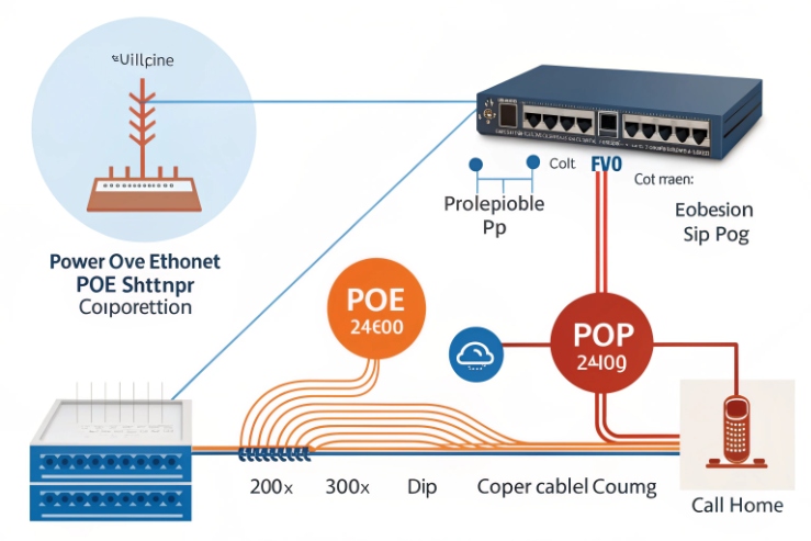 PoE network diagram linking switch, SIP phone, and gateway for IP intercom
