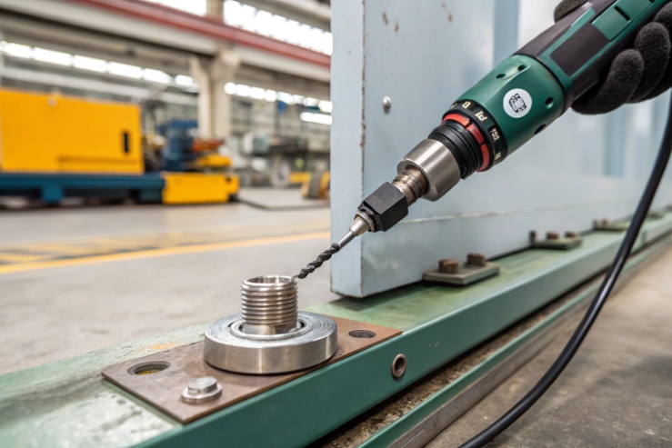 Technician drills mounting hole for Ex cable gland to maintain sealing integrity.