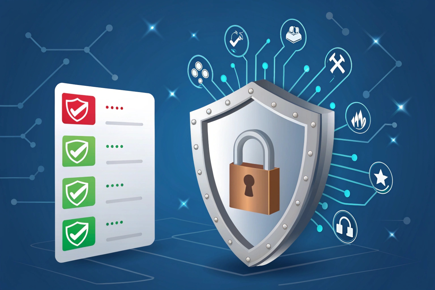 Cybersecurity shield protecting VoIP SIP network with checklist of security policies and controls