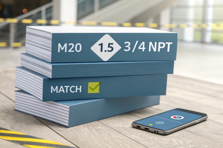 Thread size matching guide showing M20 1.5 and 3/4 NPT