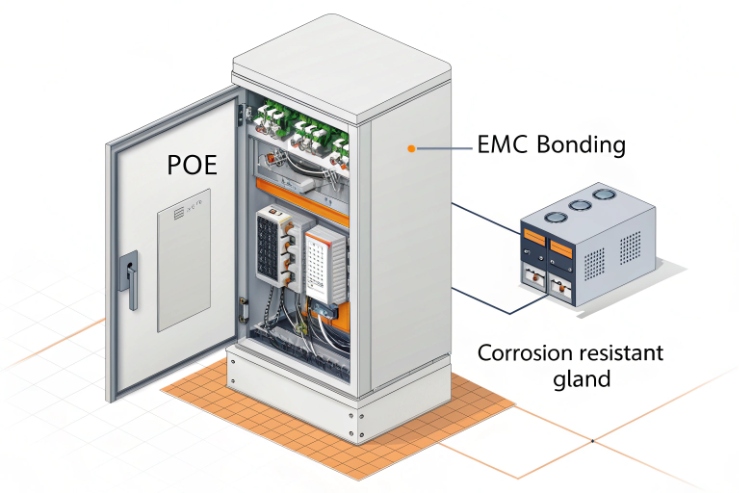 PoE control cabinet diagram highlighting EMC bonding and corrosion-resistant cable glands.
