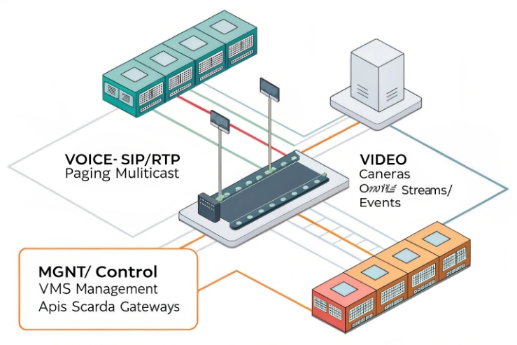 Unified network diagram for SIP RTP paging multicast, ONVIF video streams, and SCADA gateways.