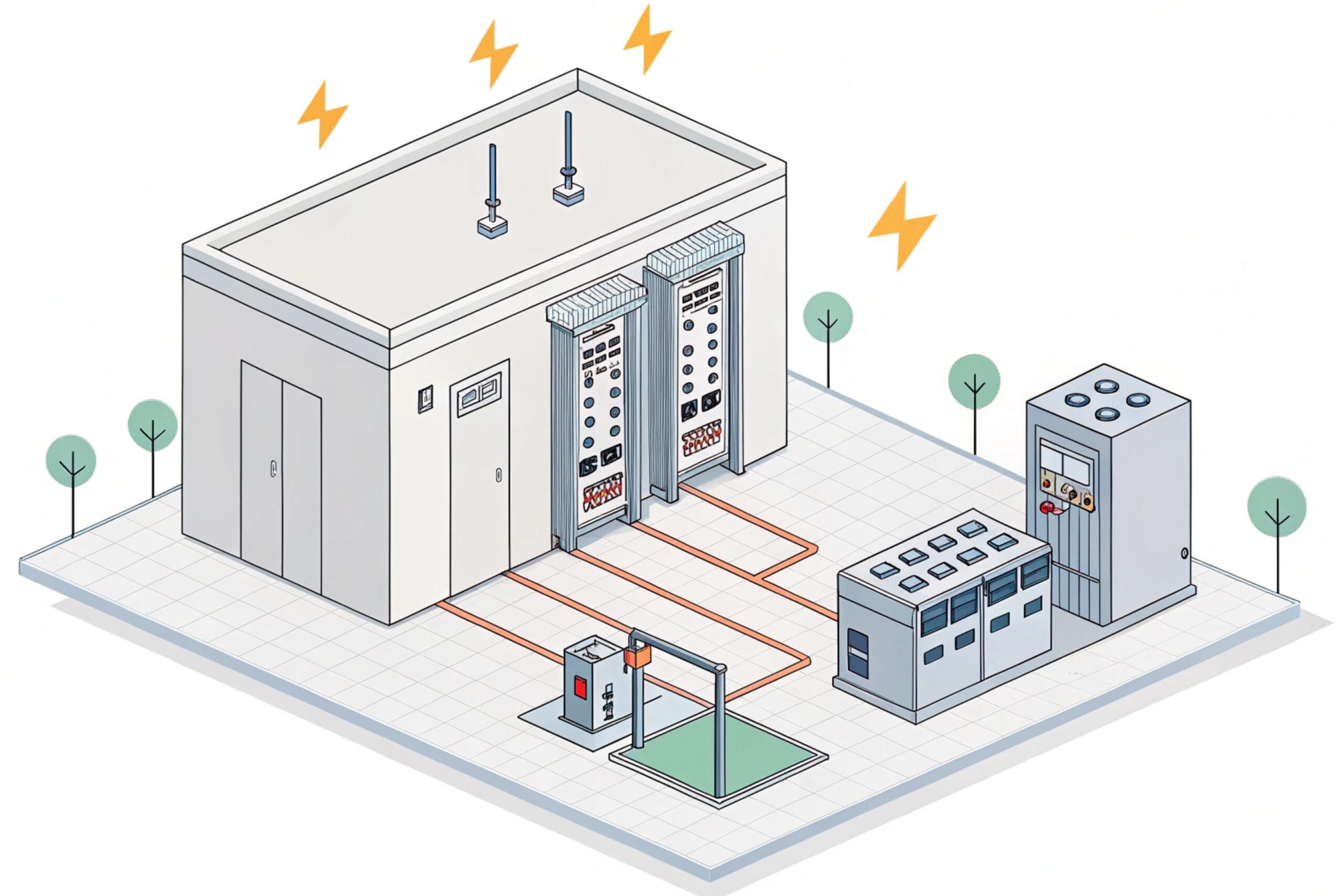Isometric facility/site drawing with equipment cabinets and cable runs, lightning symbols indicating surge/lightning exposure and protection zones