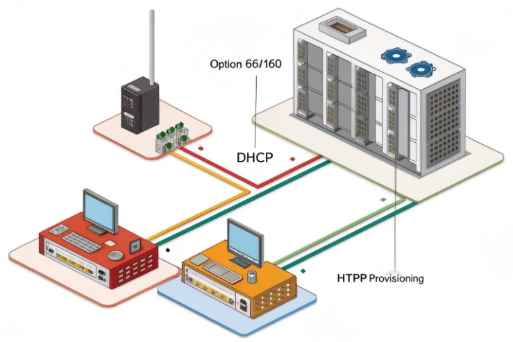 Isometric infrastructure diagram showing DHCP delivering Option 66/160 and HTTP/HTTPS provisioning paths from servers to deployed endpoints