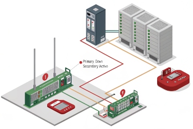 Redundant SIP system architecture with primary server down and secondary failover active