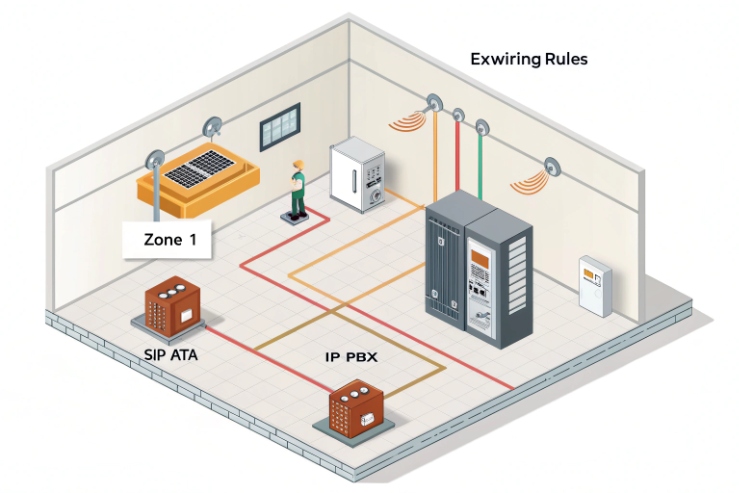 Isometric “Ex wiring rules” diagram showing Zone 1 phone connected via SIP ATA to an IP PBX with segregated wiring routes.