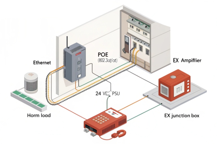 System block diagram showing Ethernet/PoE (802.3af/at), 24 VDC PSU, EX junction box, EX amplifier, and horn load
