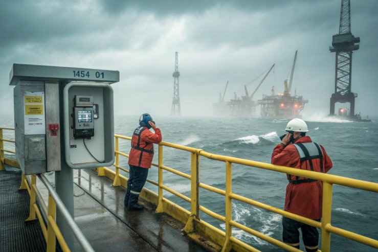Offshore platform workers calling from weatherproof emergency telephone in stormy sea