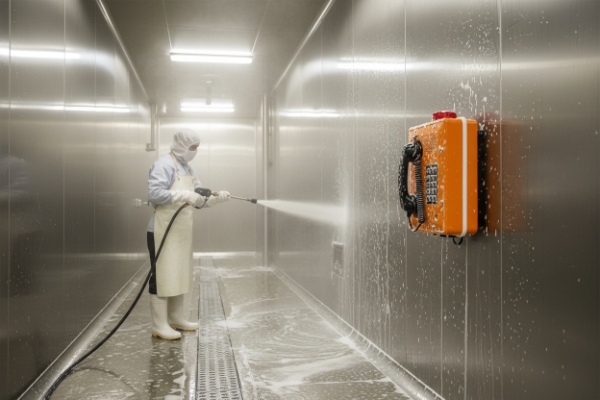 High-pressure washdown test of wall-mounted waterproof SIP emergency phone in stainless room