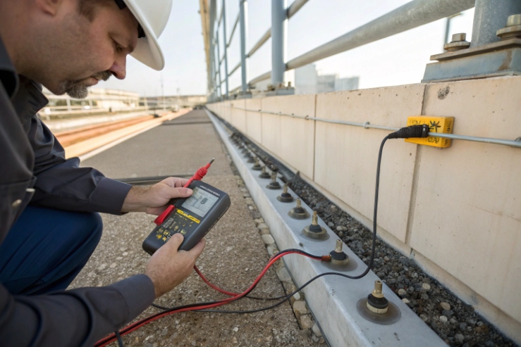Technician performing earthing resistance test on grounding points using digital meter