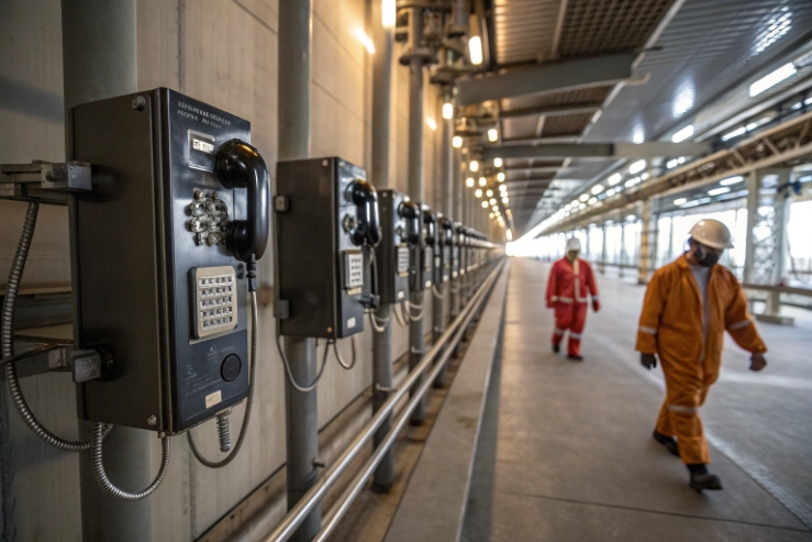 Row of industrial emergency phones on corridor wall in refinery walkway with workers