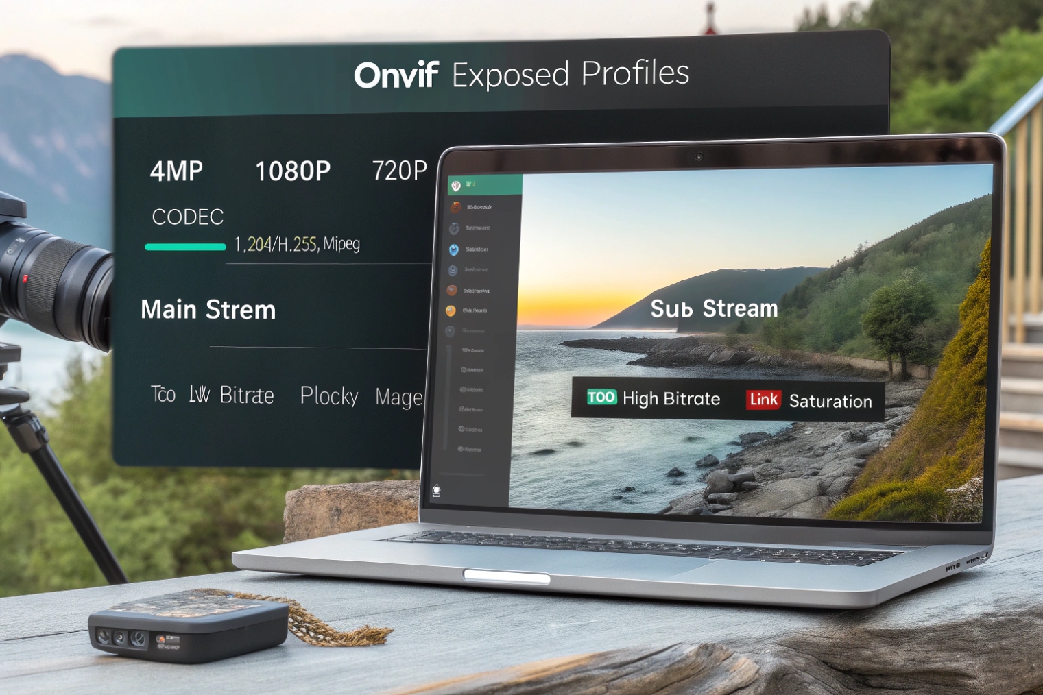 Laptop showing camera live view with ONVIF profiles panel listing resolutions, codecs and main/sub streams
