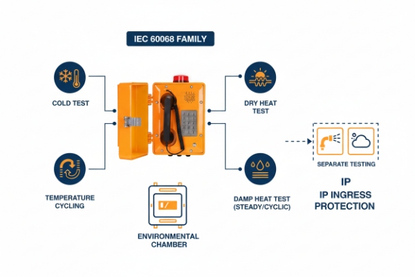 IEC 60068 environmental testing infographic for SIP emergency phone, cold, heat, damp, cycling