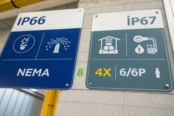IP66 and IP67 protection rating signs showing NEMA and waterproof certification icons