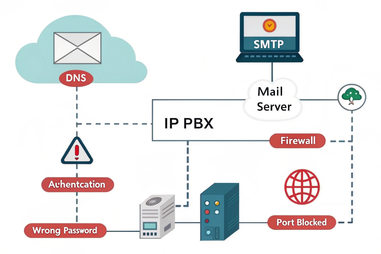 IP PBX connected to a mail server via SMTP, with DNS, authentication, wrong password, firewall, and port blocked icons illustrating common voicemail-to-email delivery issues