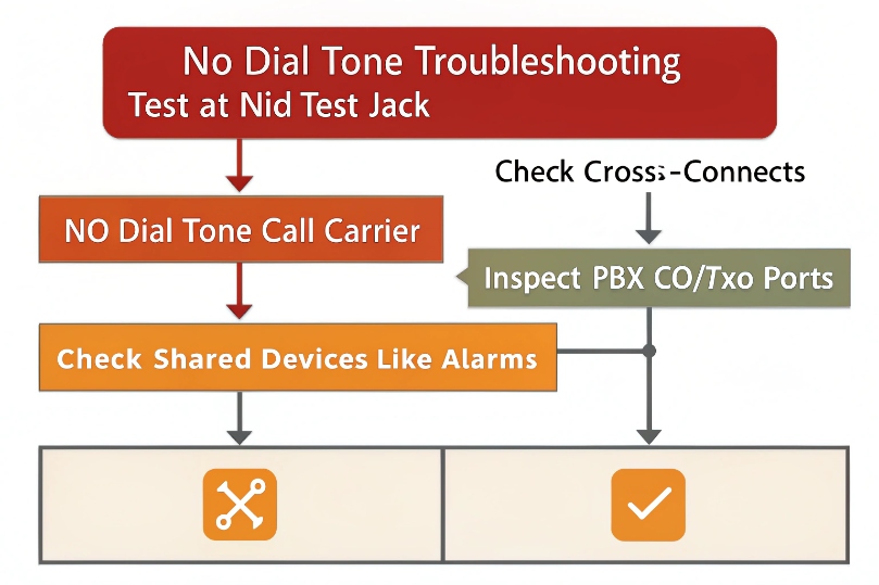 Flow chart titled No Dial Tone Troubleshooting, starting with test at NID test jack and branching to call carrier, inspect PBX CO/Trunk ports, and check shared devices like alarms