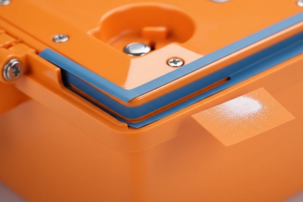 Close-up gasket seal and screws on orange weatherproof intercom enclosure for IP rating