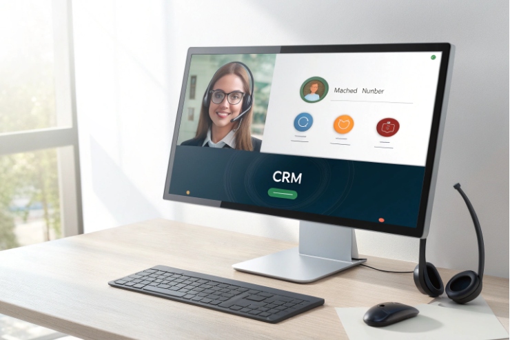 CRM integrated SIP video call interface on desktop with headset and keyboard