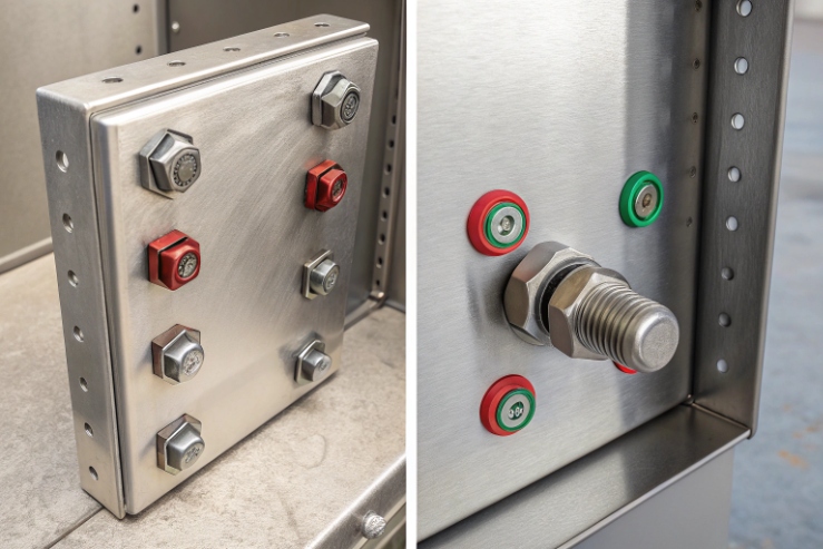 Stainless mounting plate and bolts with sealed fasteners for heavy-duty explosion-proof phone installation.