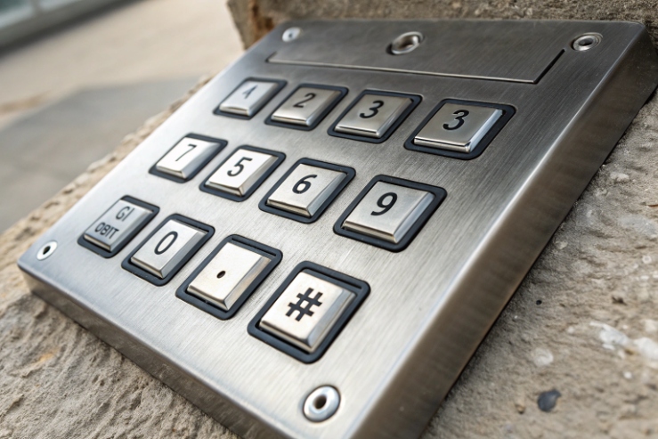 Stainless steel access control keypad panel with backlit buttons for secure entry