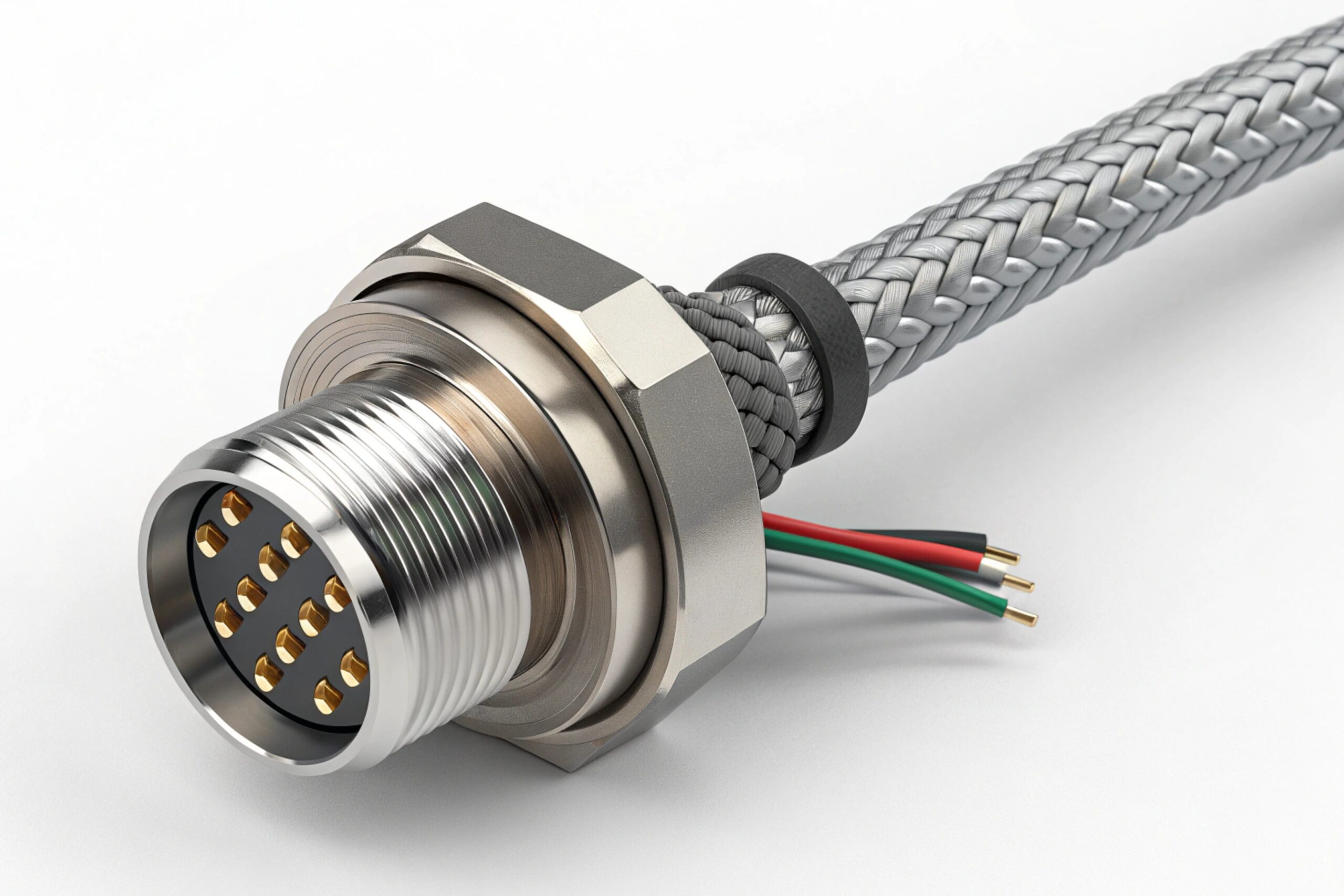 Macro product shot of a circular multi-pin industrial connector with braided shielded cable and exposed colored leads (red/green/black), emphasizing robust wiring and shielding