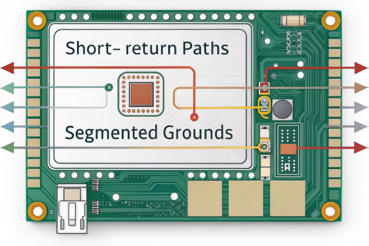 PCB layout diagram highlighting short return paths and segmented grounds for EMI control.
