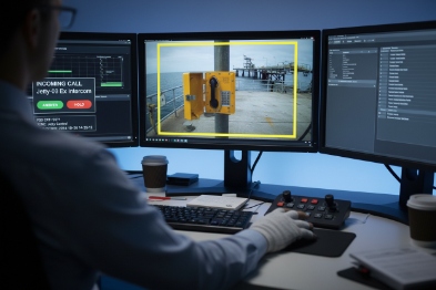 Control room monitors incoming EX intercom call with live video from remote pier location