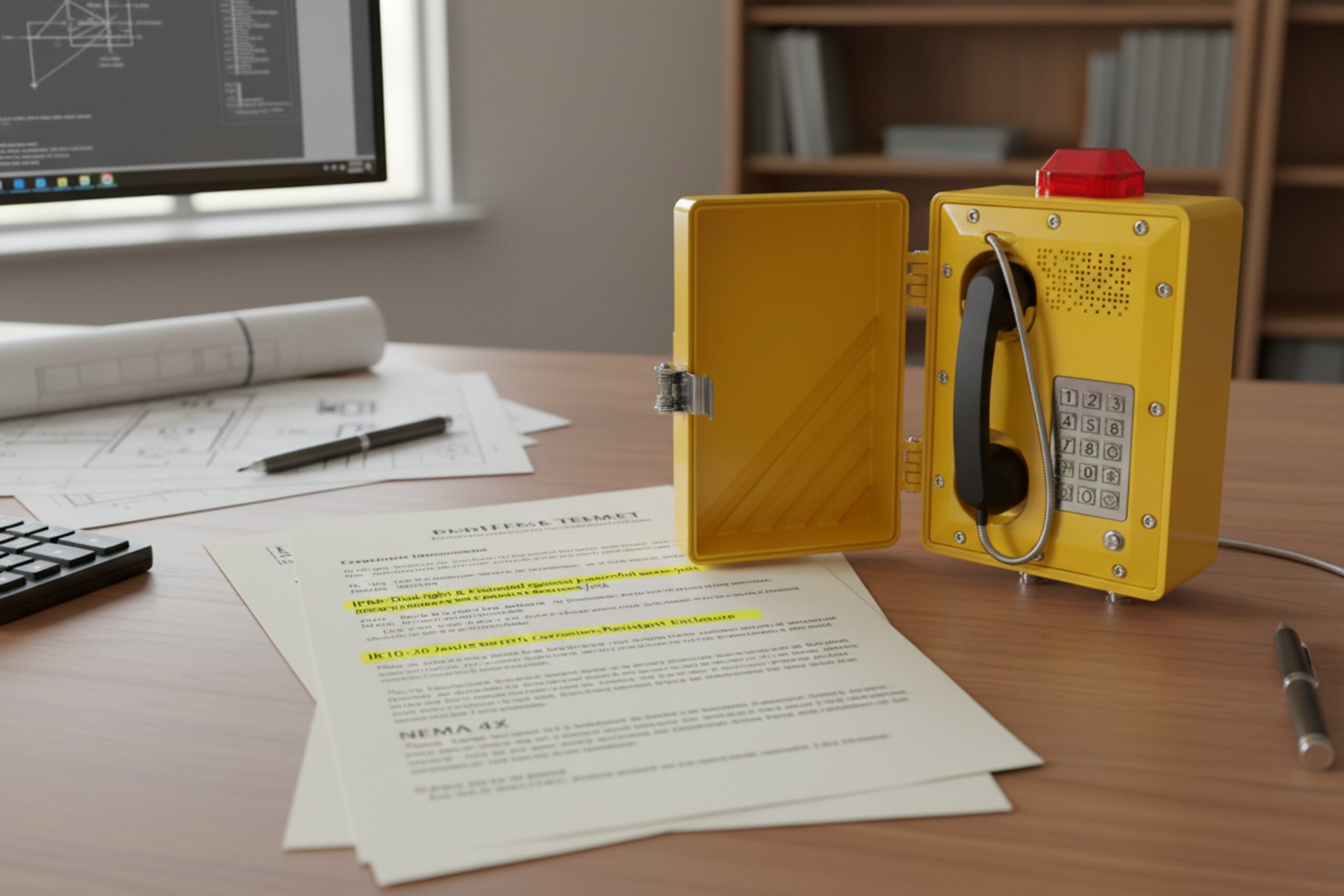 Explosion proof SIP emergency phone displayed on desk with specification documents and design drawings