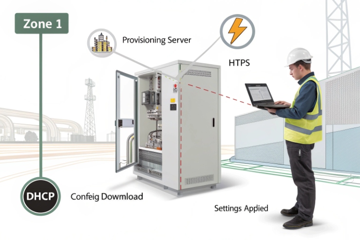 Zone 1 provisioning via DHCP and HTTPS config download to industrial SIP device cabinet.